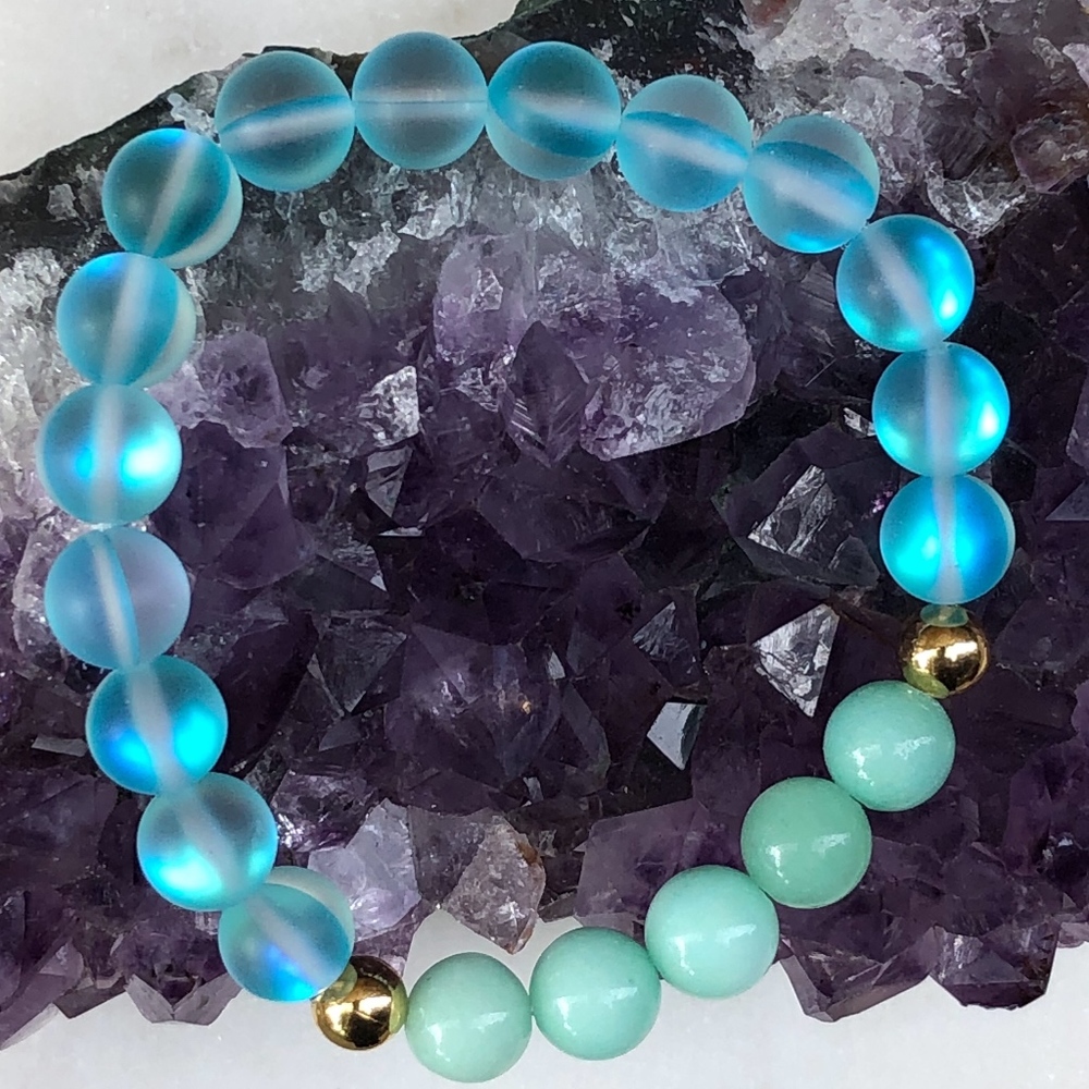 Aqua Aura Quartz and Jade Mala Bracelet